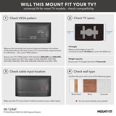 Mount-It! Full 360-Degree Rotation TV Wall Mount, 110 lbs. Max. (MI-1246F)
