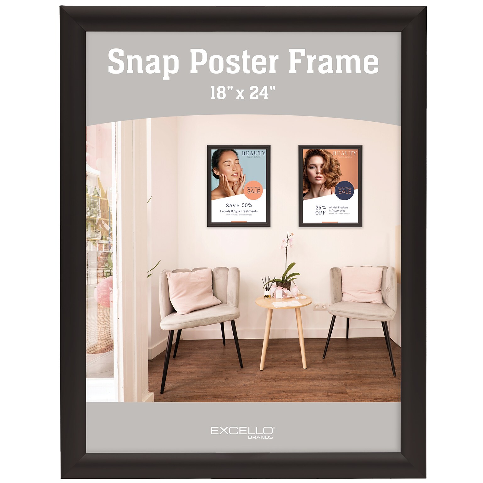 Excello Brands Metal Snap Frame, 18 x 24, Vertical/Horizontal, Wall Mounted, Black (SF-1824-BLK)