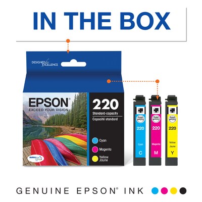 Epson T220 Cyan/Magenta/Yellow Standard Yield Ink Cartridge, 3/Pack (T220520-S)