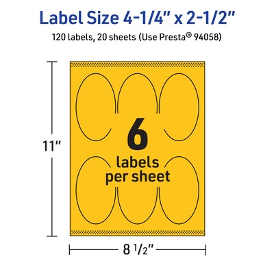 Avery Oval Laser/Inkjet Multipurpose Labels, 4.25" x 2.5", Bright Yellow (120/Pack)