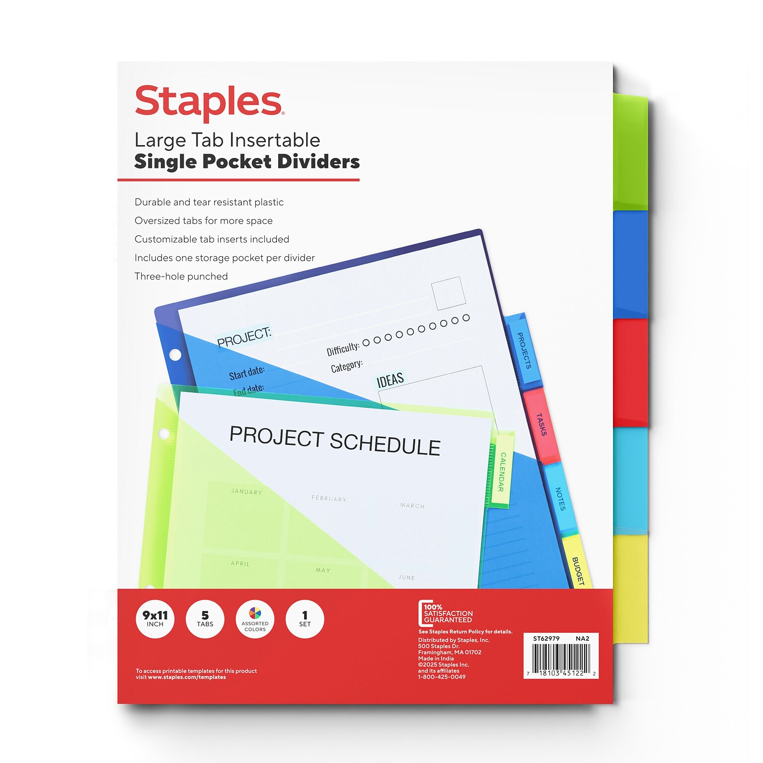 Staples Large Tab Plastic Insertable Pocket Dividers, 5-Tabs, Multicolor (ST62979)