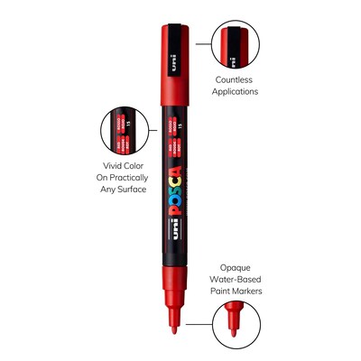POSCA PC-3M Water Based Paint Marker, Fine Bullet Tip, Red, 3/Pack (UBCPC3MRED-3)