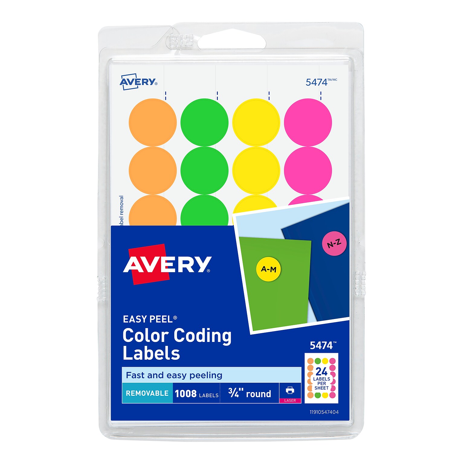 Avery Easy Peel Laser Color-Coding Labels, 3/4 Dia, Assorted Neon, 1,008 Labels/Pack (5474)