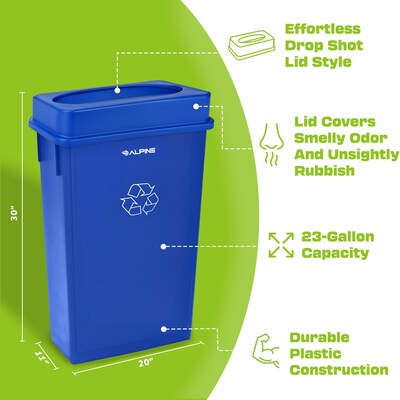 Alpine Industries Polypropylene Recycling Bin with Lid and Dolly, 23 Gallon, Blue (ALP477-BLU3-PKD)
