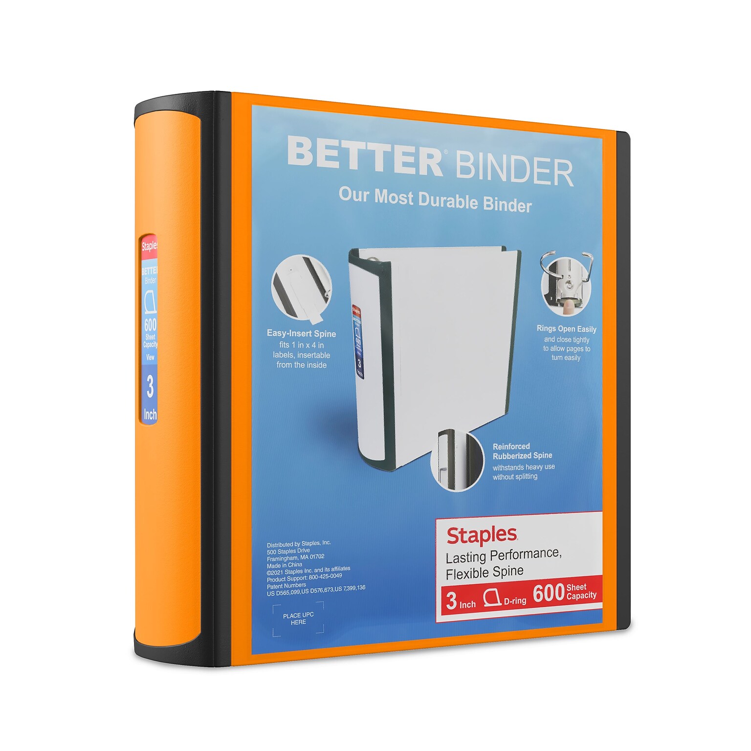 Staples Heavy Duty 3 3-Ring Better Binder, D-Ring, Orange (ST55892-CC)