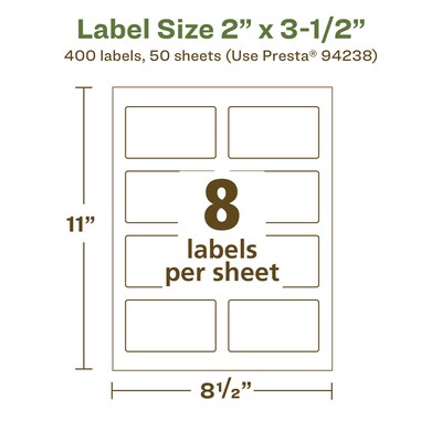 Avery EcoFriendly Laser/Inkjet Rectangle Multipurpose Labels, 2" x 3-1/2", White, 400/Box (94238)