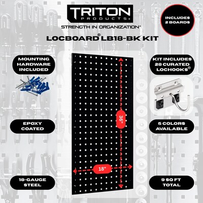 Triton Products LocBoard Pegboards with 30 pc. LocHook Assortment and Hanging Bin System (LB18-BKKit)