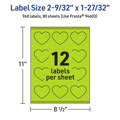 Avery Printable Heart Shaped Multipurpose Labels, 2-9/32" x 1-27/32", Bright Green, 960/Box (94603)