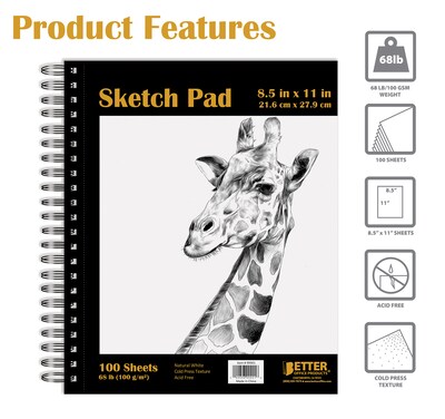 Better Office Products Artist Sketch Book, Spiral Bound,  8.5" x 11", Premium Paper, 100 Sheets (01302)