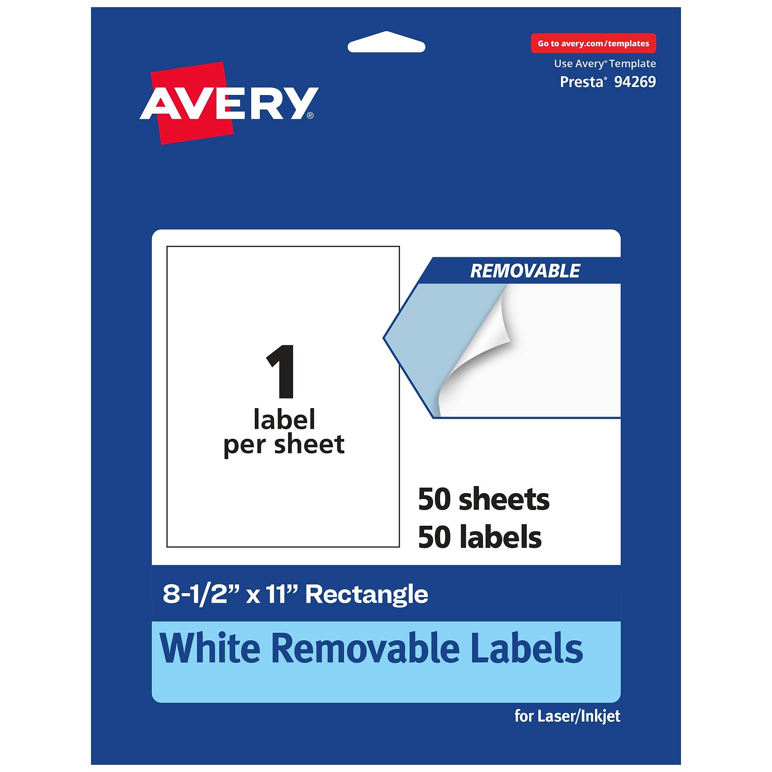 Avery Laser/Inkjet Rectangle Multipurpose Labels, 8.5 x 11, White, 50 Labels/Box (94269)