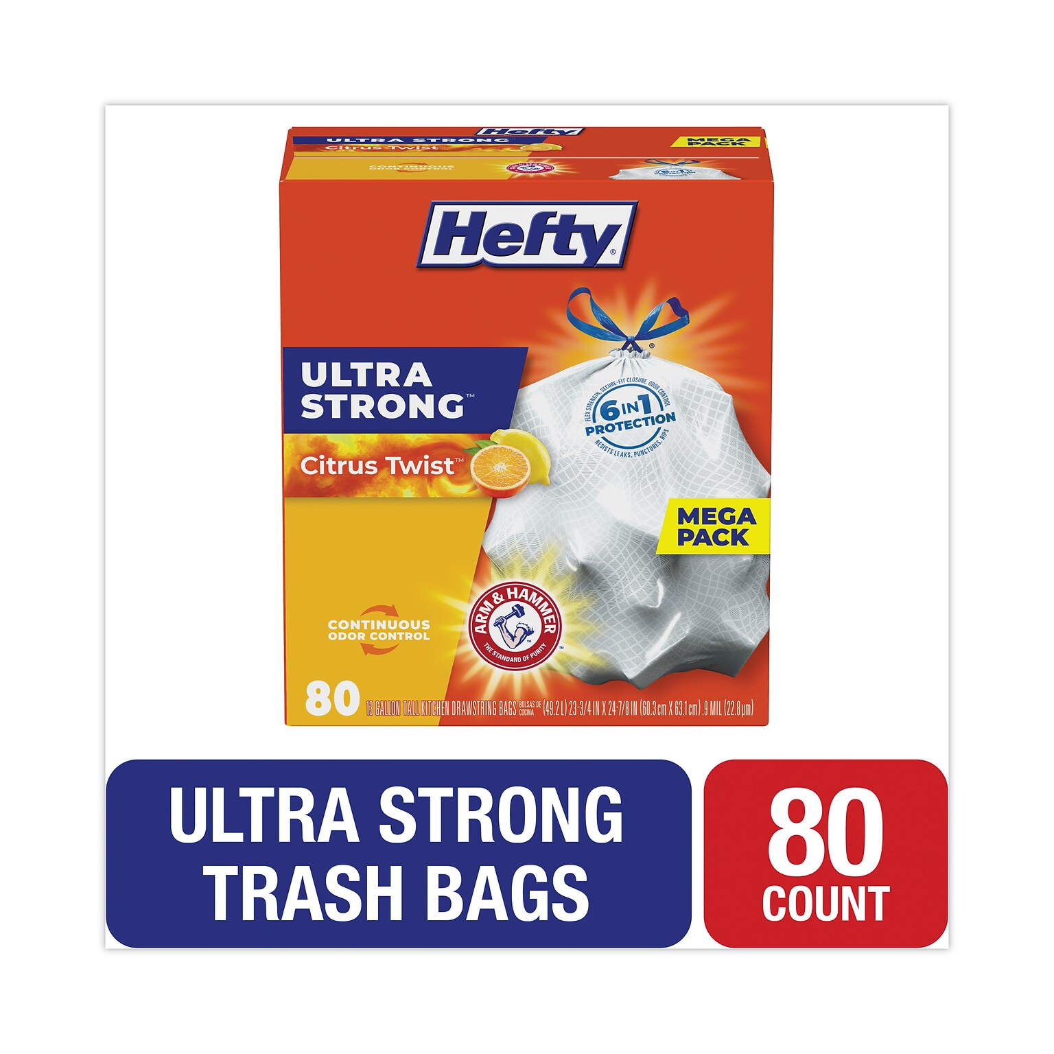 Hefty® Ultra Strong Scented Tall White Kitchen Bags, 13 gal, 0.9 mil, 23.75 x 24.88, White, 80/Box