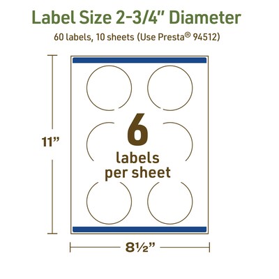 Avery Dissolvable Circle Multipurpose Labels, 2.75" Dia., Off-white, 60/Pack (94512)