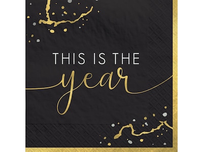 Amscan Hello NYE New Years Luncheon Napkin, Black/Gold, 40/Pack, 2 Packs/Carton (712854)