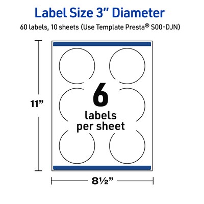 Avery Laser/Inkjet Circle Multipurpose Labels, 3" Dia., White, 60/Pack (S00-DJN)