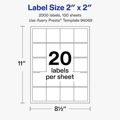 Avery Square Laser/Inkjet Multipurpose Labels, 2" x 2", White, 20 Labels/Sheet, 100 Sheets/Pack (19479311206)