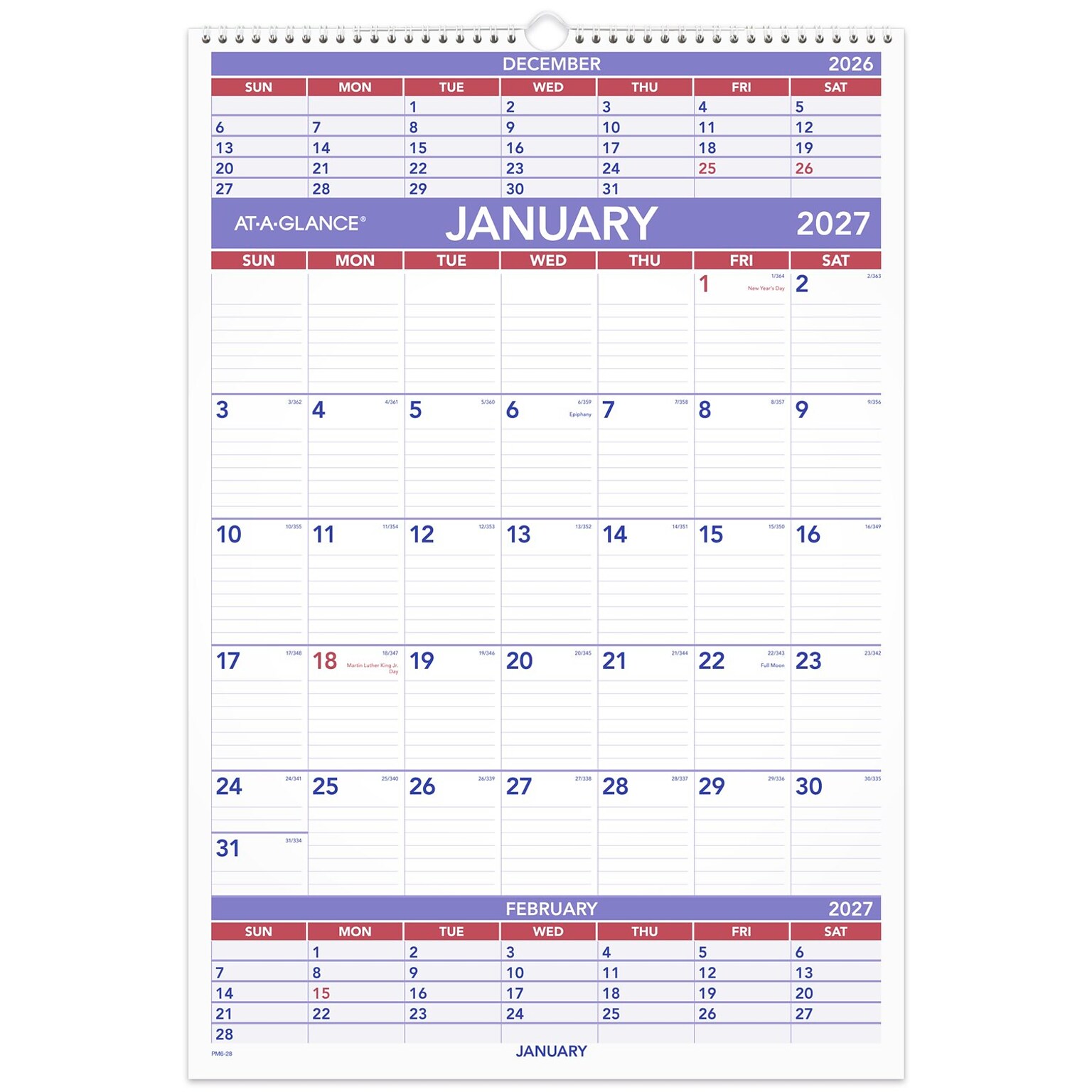 2027 AT-A-GLANCE 15.5 x 22.75 Three-Month Wall Calendar, White/Purple (PM6-28-27)