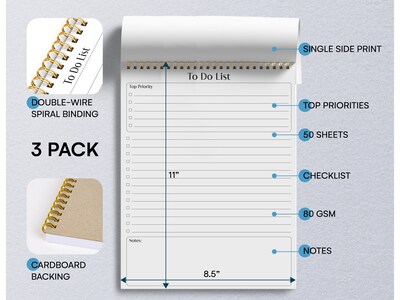Better Office To-Do List Notepad, 8.5" x 11", Ruled, White, 50 Sheets/Pad, 3 Pads/Pack (25823-3PK)