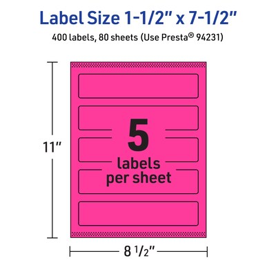 Avery Laser/Inkjet Rectangle Multipurpose Labels, 1.5" x 7.5", Neon Magenta, 400/Box (94231)