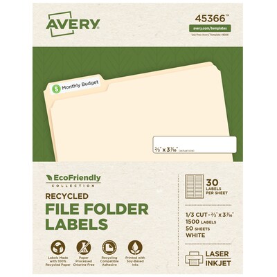 Avery EcoFriendly Laser/Inkjet File Folder Labels, 2/3 x 3-7/16, White, 1500 Labels/Box (45366)