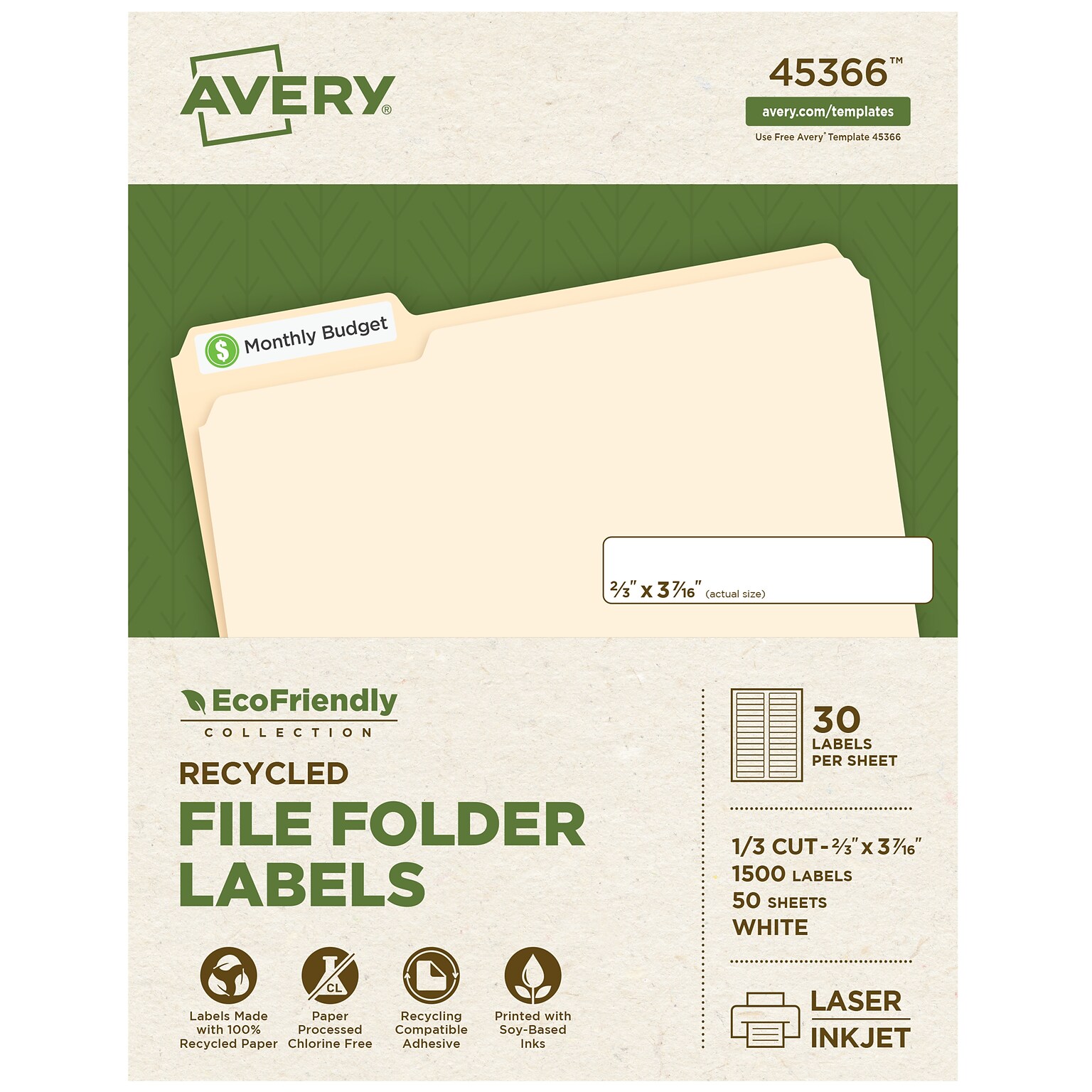 Avery EcoFriendly Laser/Inkjet File Folder Labels, 2/3 x 3-7/16, White, 1500 Labels/Box (45366)