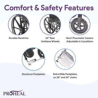 ProHeal Bariatric 24" Wheelchair, Removable Desk Arms & Elevating Leg Rests, 500 lb. Capacity, Vinyl, Black (PH-WCK724DAELR)