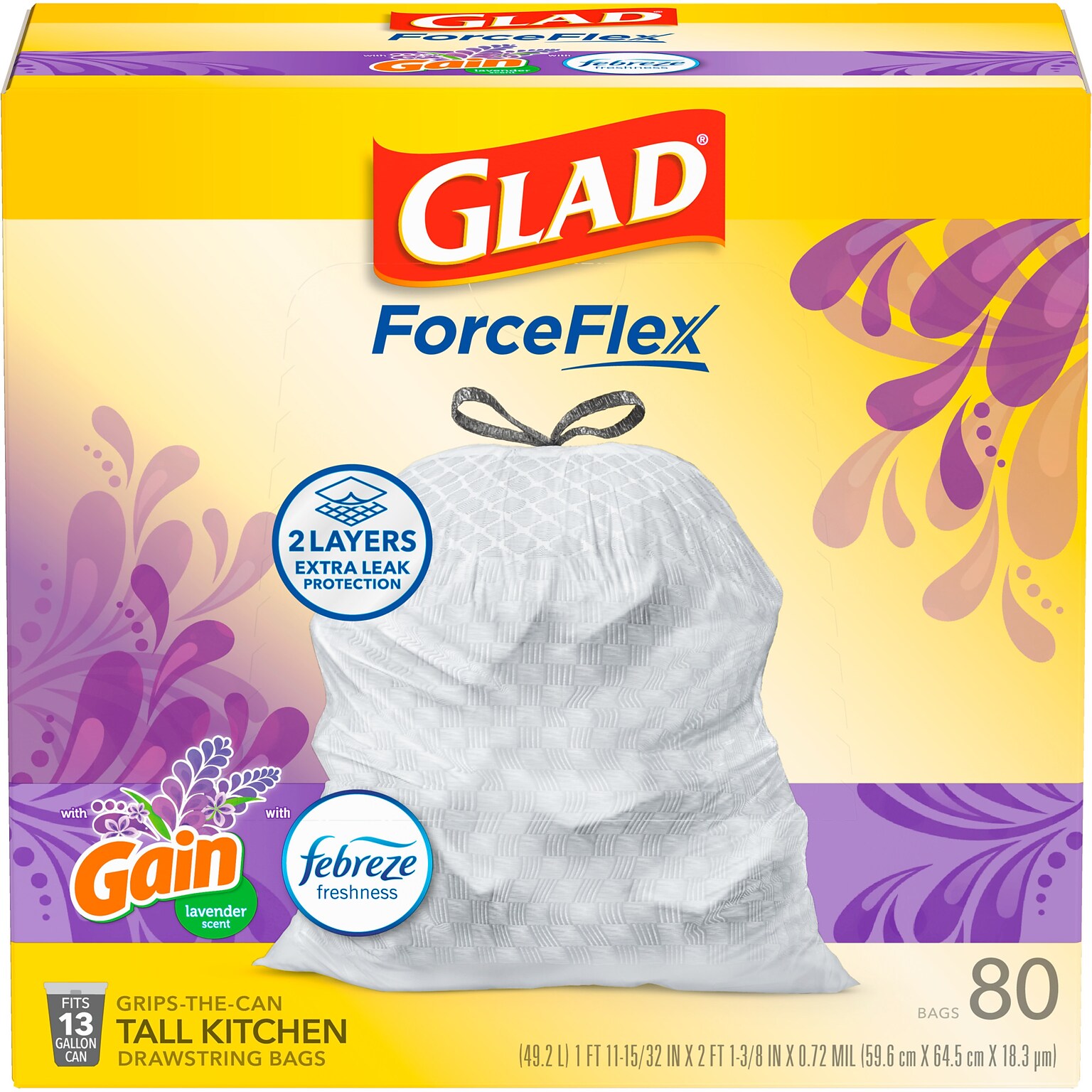 Glad ForceFlex Tall Kitchen Drawstring Trash Bags, 13 Gallon, Gain Lavender with Febreze Freshness, 80 Count (78533)