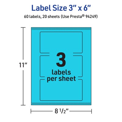 Avery Printable Rectangle Multipurpose Labels, 3" x 6", Bright Blue, 60/Pack (94249)