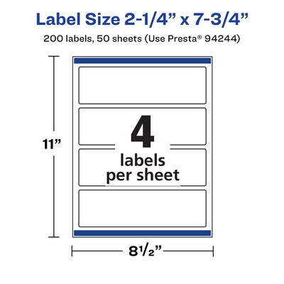 Avery Laser/Inkjet Rectangle Multipurpose Labels, 2.25" x 7.75", White, 200 Labels/Box (94244)