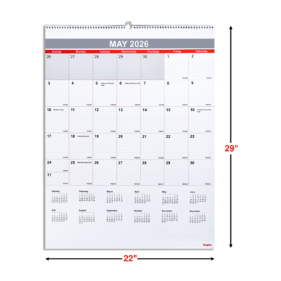 2026 Staples 22" x 29" Monthly Wall Calendar, White/Red/Gray (ST53914-26)