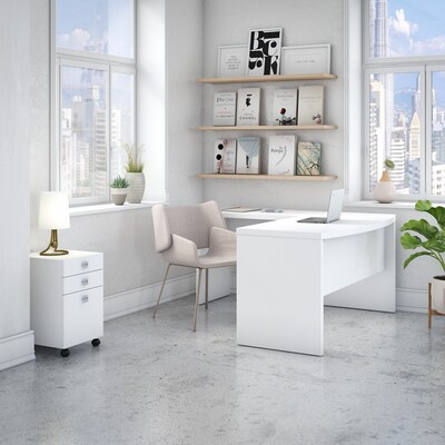 Office by kathy ireland® Echo L Shaped Bow Front Desk with Mobile File Cabinet, Pure White/Pure Whit