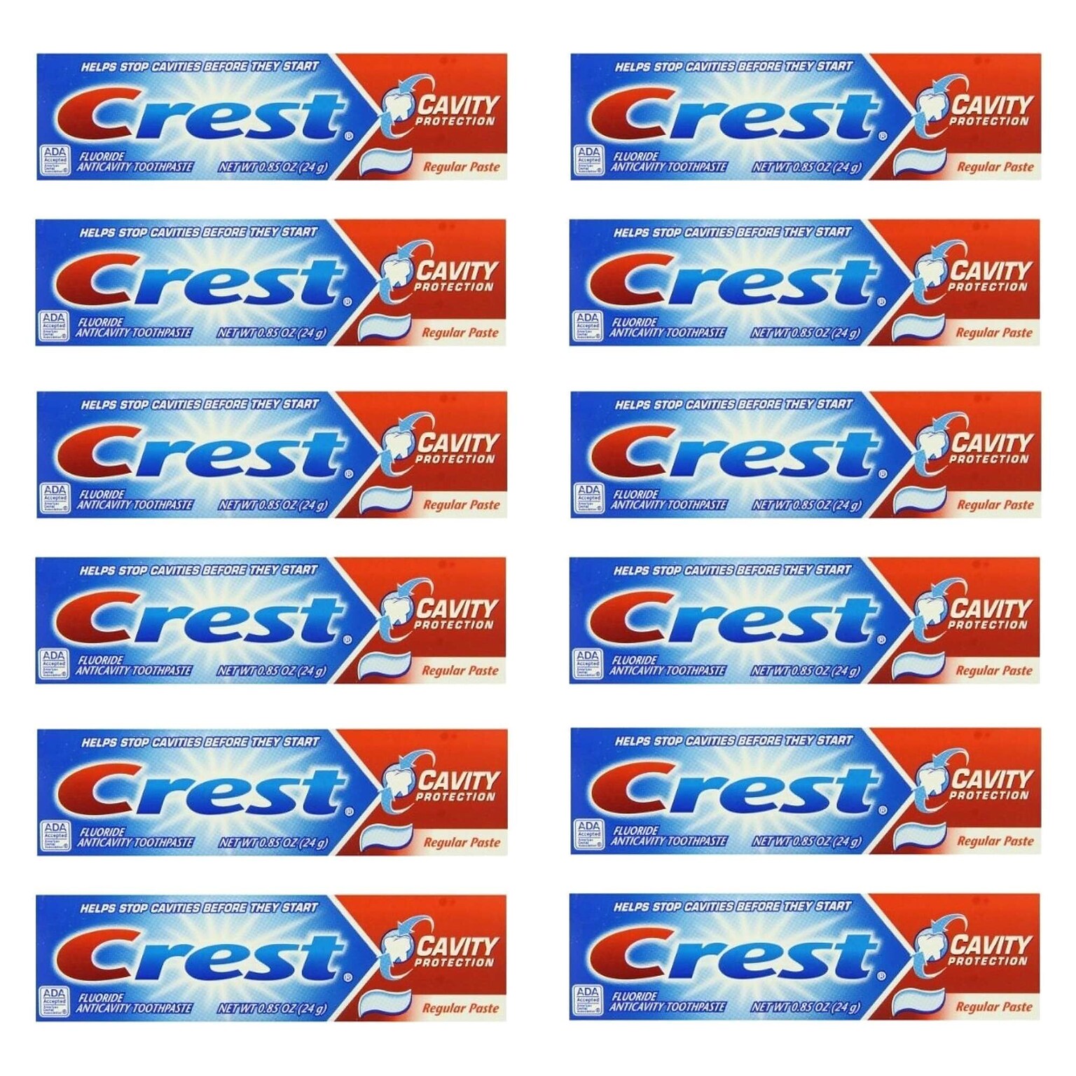 Crest Cavity Protection Toothpaste, 0.85 oz Travel Size Tube, 12 Tubes/Bag, 12 Bags/Carton