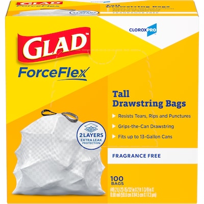 Glad ForceFlex Tall 13 Gallon Drawstring Commercial Trash Bag, Low Density, 0.6 mil, White, 100 Total Bags (78374)