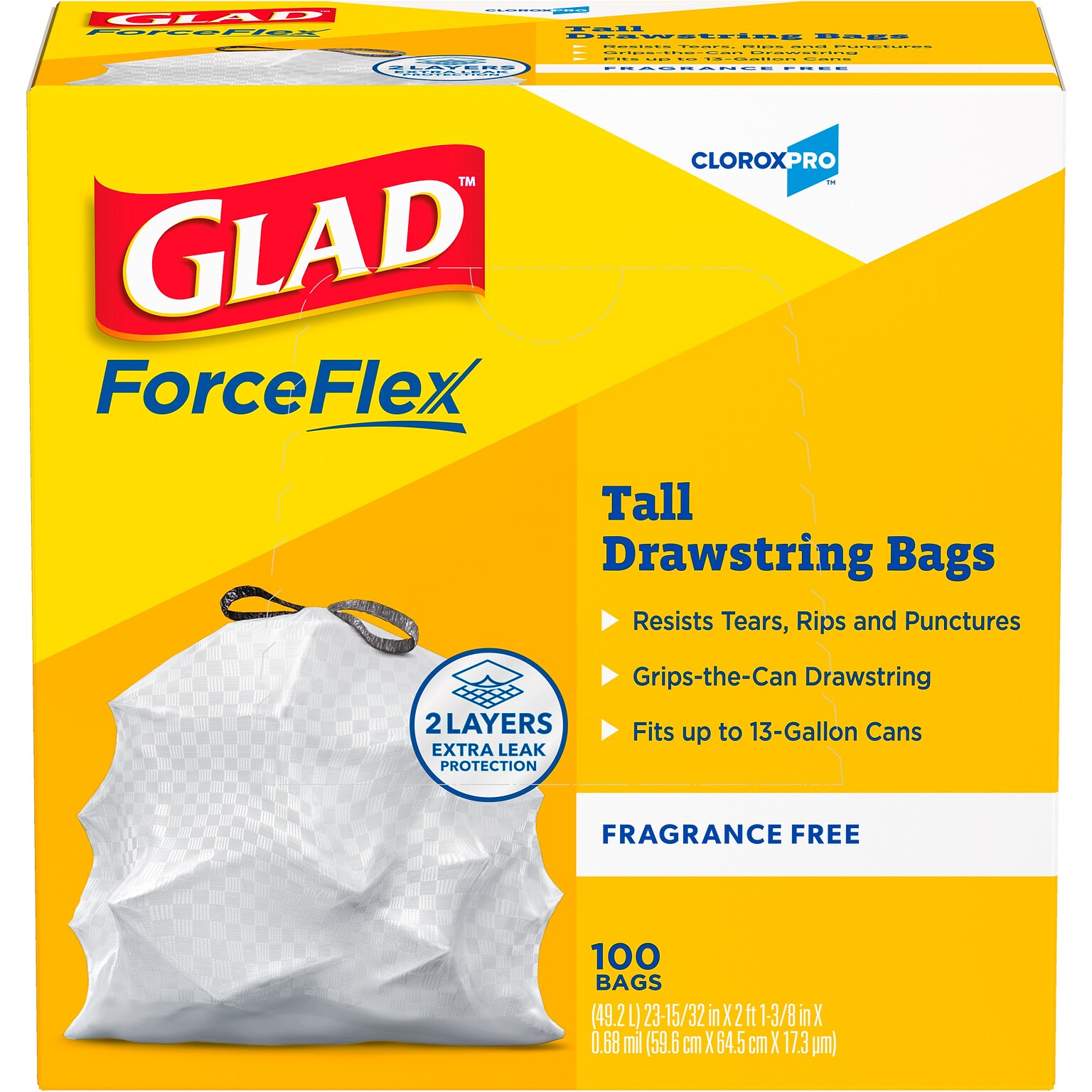Glad ForceFlex Tall 13 Gallon Drawstring Commercial Trash Bag, Low Density, 0.6 mil, White, 100 Total Bags (78374)