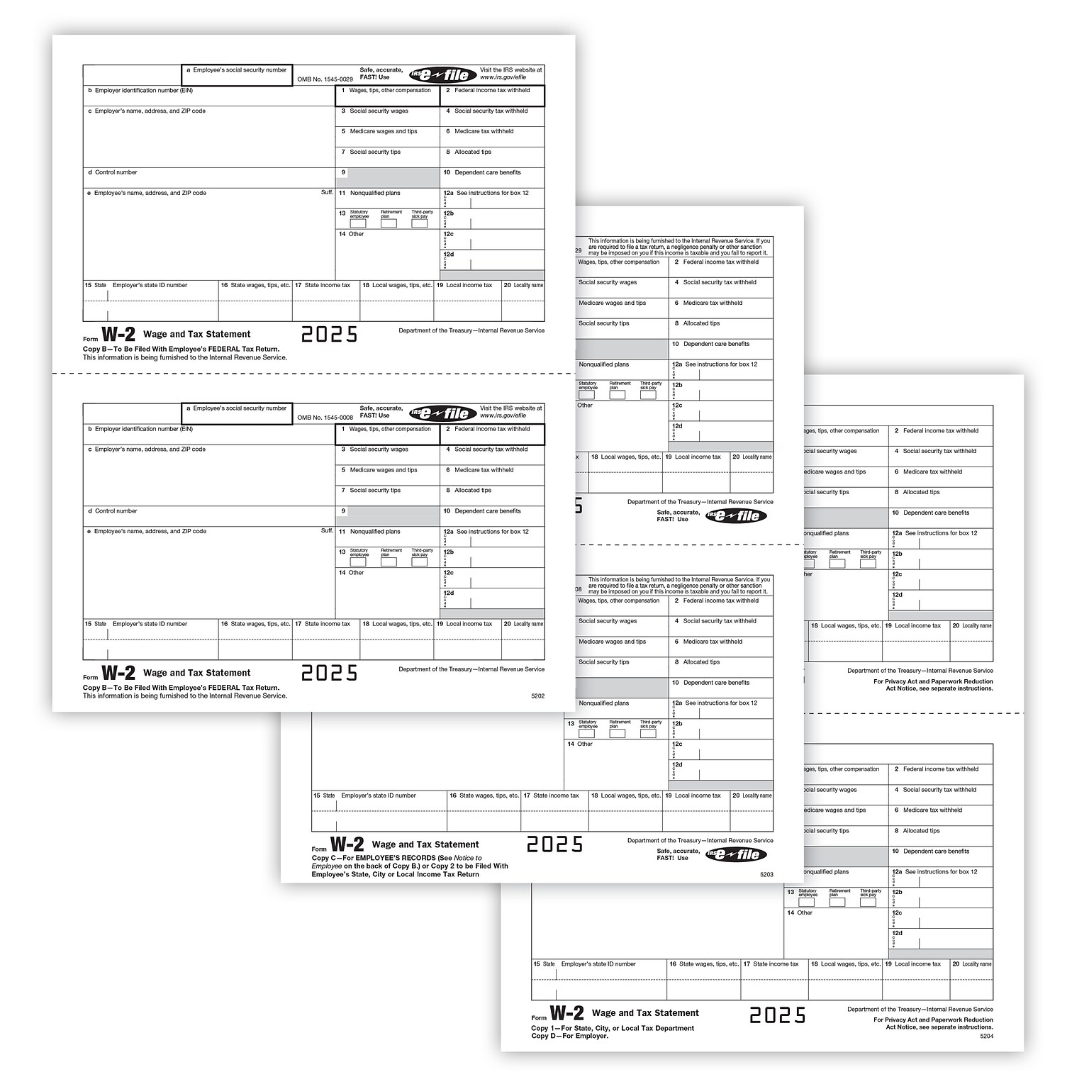 ComplyRight 2025 W-2 Tax Form Recipient Copy Only, 5-Part, 2-Up, Copy B, C/2, D/1, 50/Pack (5648)