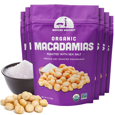 Mavuno Harvest Organic Dry Roasted Macadamias with Sea Salt, 4 oz., 6 Bags/Pack (MAHW-SRM46PK)