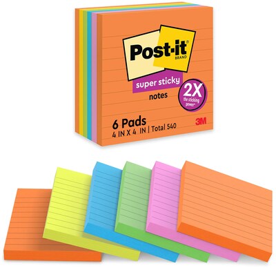Post-it® Super Sticky Notes, 4 x 4, Energy Boost Collection, Lined, 90 Sheets/Pad, 6 Pads/Pack (67