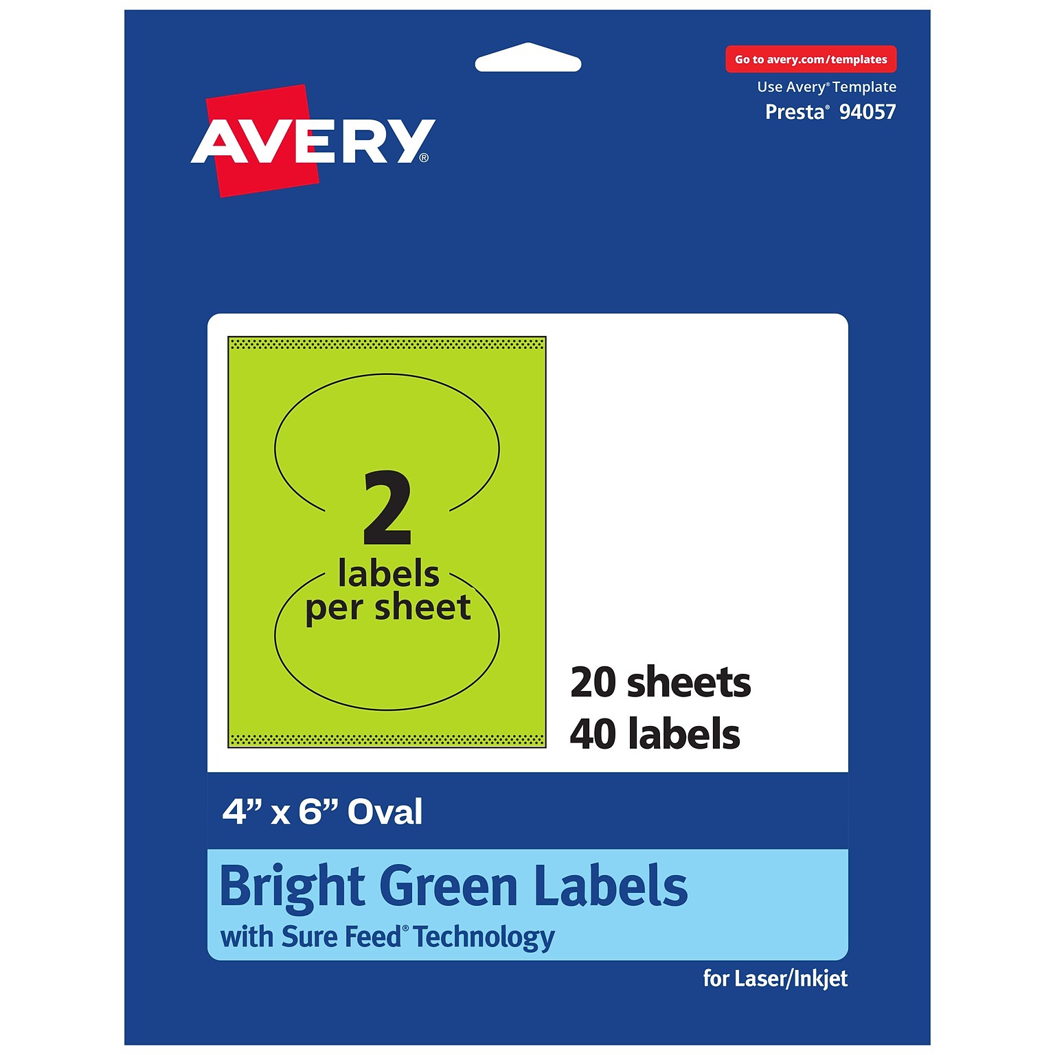 Avery Printable Oval Multipurpose Labels, 4 x 6, Bright Green, 40/Pack (94057)
