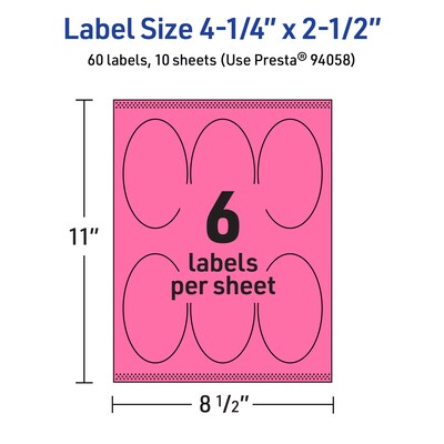 Avery Laser/Inkjet Oval Multipurpose Labels, 4.25" x 2.5", Bright Pink, 60/Pack (94058)