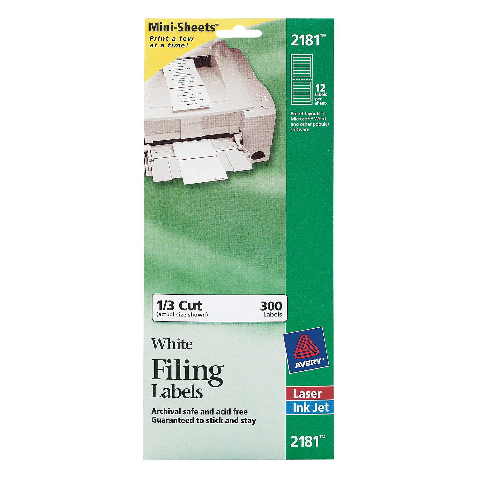 Avery Mini Laser/Inkjet File Folder Labels, 2/3 x 3-7/16, White, 12 Labels/Sheet, 25 Sheets/Pack (2181)