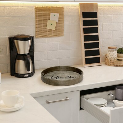 Elegant Designs "Coffee Bar" Decorative 13.75" Round Wood Serving Tray w/ Handles, Rustic Gray Wash (HG2013-RGC)