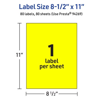 Avery Laser/Inkjet Multipurpose Rectangle Labels, 8.5" x 11", Neon Yellow, 80/Box (94269)