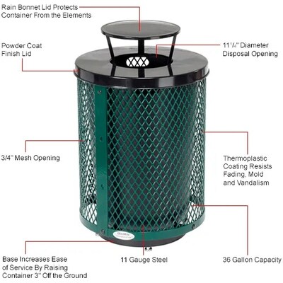Global Industrial Outdoor Diamond Steel Trash Can w/ Rain Bonnet Lid & Base, 36 Gallon, Green (261926GND)