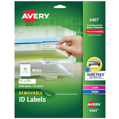 Avery Removable Laser/Inkjet ID Labels, 1/2 x 1-3/4, White, 80 Labels/Sheet, 25 Sheets/Pack   (646