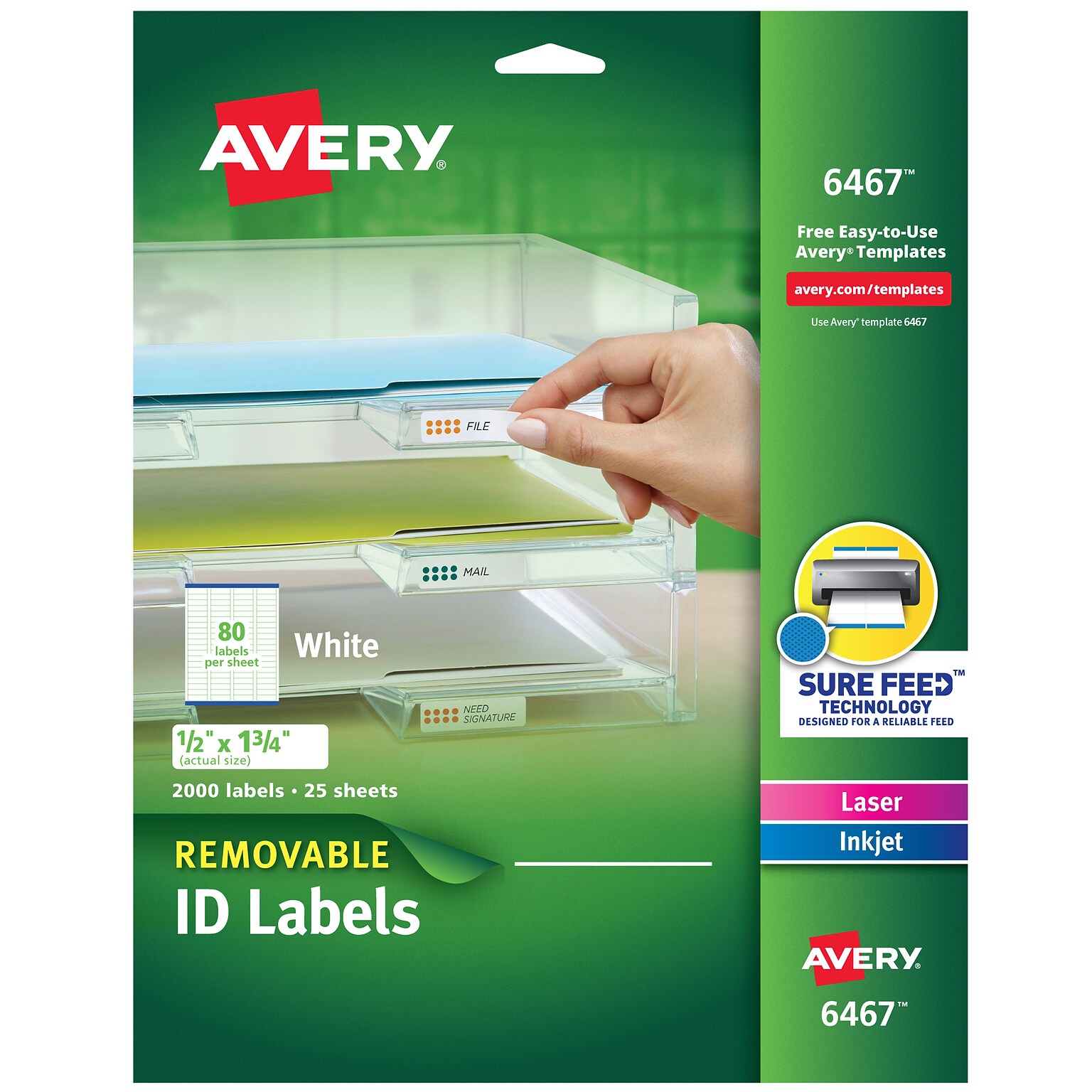 Avery Sure Feed Laser/Inkjet ID Labels, 1/2 x 1-3/4, White, 2,000 Labels/Pack (6467)