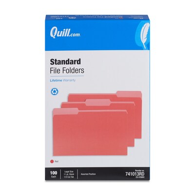 Quill Brand® File Folders, Assorted Tabs, 1/3-Cut, Legal, Red, 100/Box (741013RD)