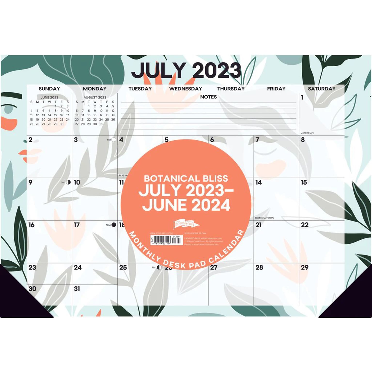 2023-2024 Willow Creek Botanical Bliss 17 x 12 Academic Monthly Desk Pad Calendar, Green/Orange (37157)