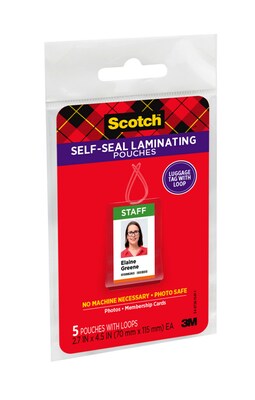 Scotch® Self Sealing Laminating Pouches, Luggage Tag, 12.5 Mil, 5/Pack (LS853)