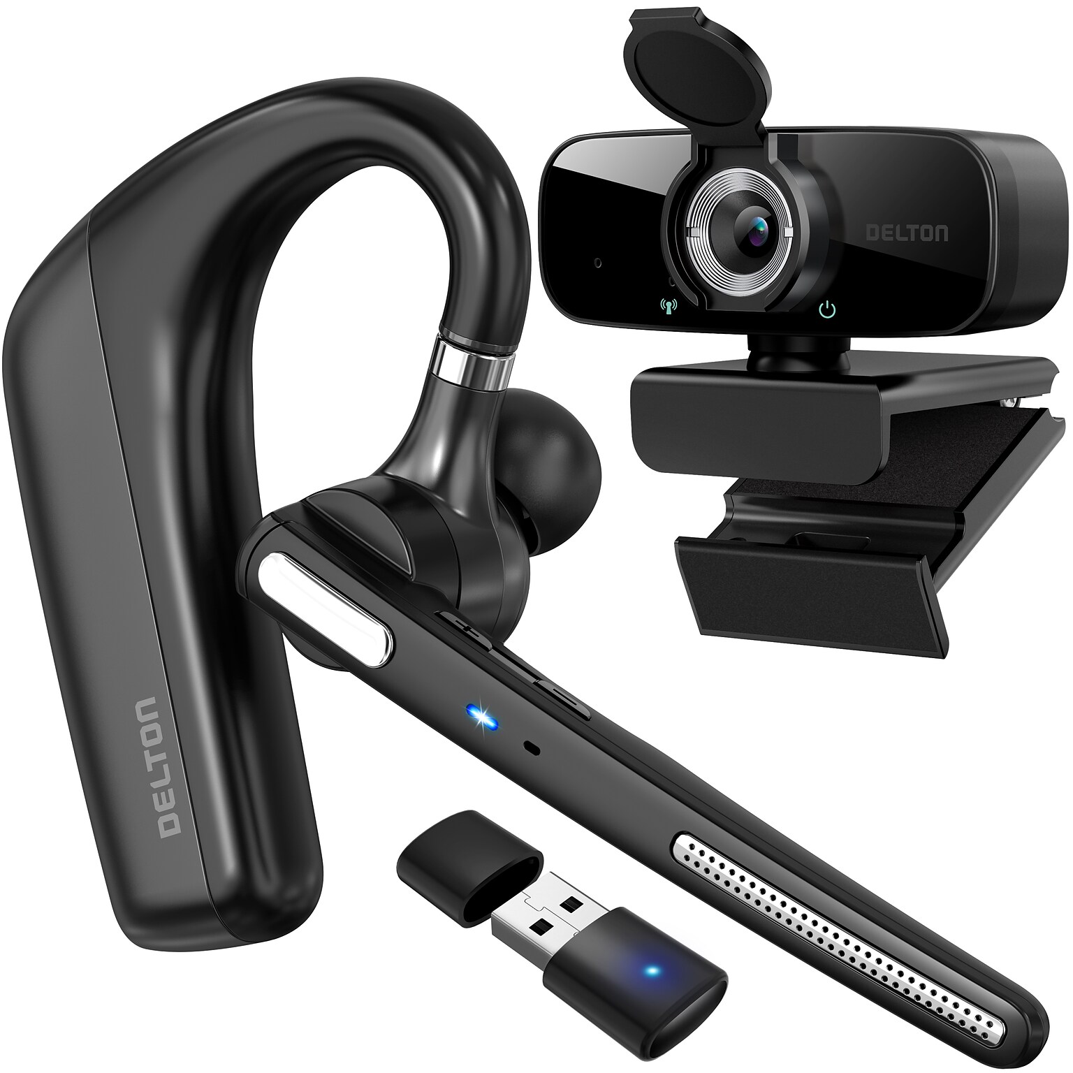 Delton 90X/C24 Wireless Noise Cancelling Bluetooth Earpiece and 1080p Webcam Bundle, Black (DBTHEAD90XBNDL)