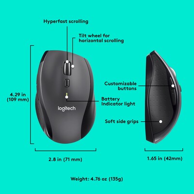 Logitech M705 Marathon Wireless Ergonomic Optical USB Mouse, Charcoal (910-001935)