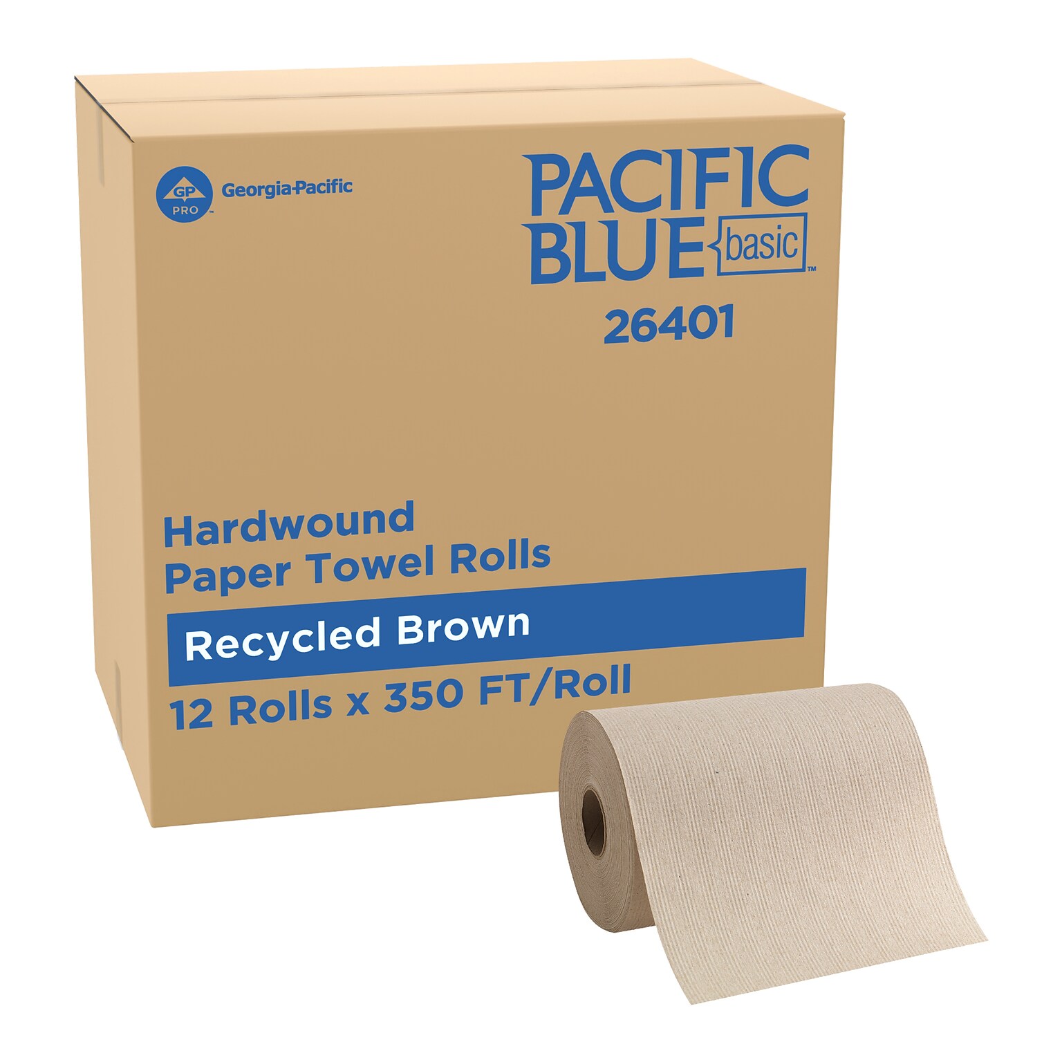 Pacific Blue Basic Recycled Hardwound Paper Towels, 1-Ply, 350 ft./Roll, 12 Rolls/Carton (26401)
